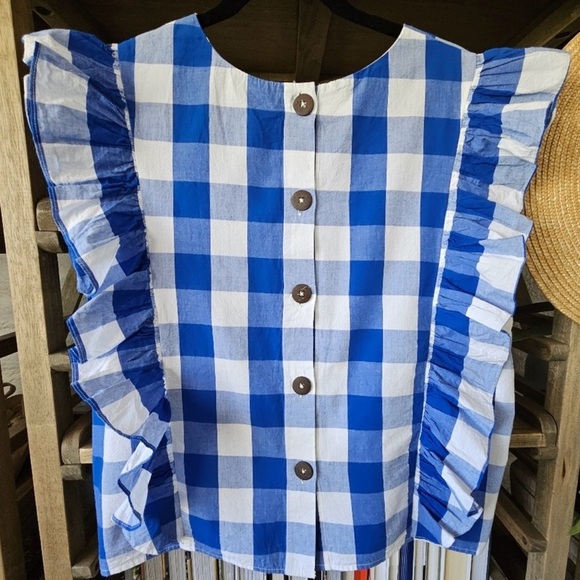 ANTHROPOLOGIE- Whit Two Cascade Ruffled Blouse Sz XL 💙🤍 - Picture 4 of 7